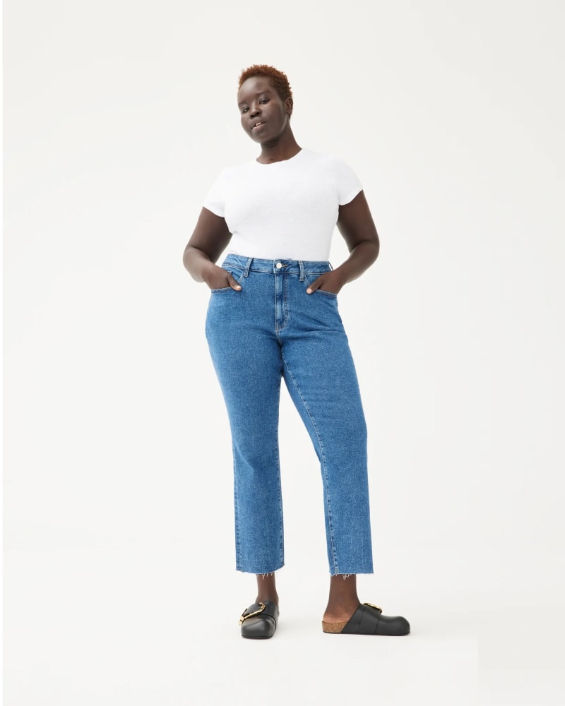 Front of a model wearing a size 24X29 ASE PLUS - HIGH RISE STRAIGHT | PACIFIC in PACIFIC by Warp + Weft. | dia_product_style_image_id:275392